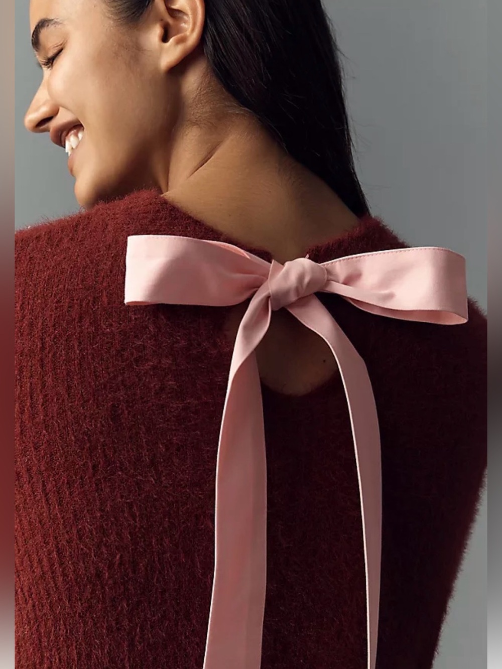 Maeve Bow-Back Fuzzy Knit Sweater in Deep Burgundy with Pink Ribbon